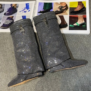 Full Diamonds Luxury Boots Soft Shiny Overlay Slip-on Wedge Heel <b>Shoes</b> Women's Metal Lock Knee High Boots - Product Image 3