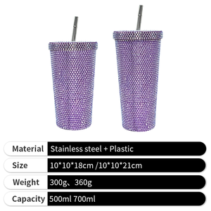 Tasses isothermes en acier inoxydable de 500 ml et 750 ml, 8 couleurs, avec paille, motif diamant uni - Product Image 4