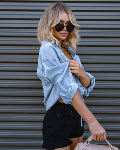 Nuova moda Retro <span class=keywords><strong>camicia</strong></span> a doppia tasca da <span class=keywords><strong>donna</strong></span> ampia e comoda al giorno giacca corta in Denim Casual - Product Image 3