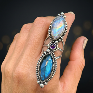 925 Sterling Silver Cute Boho Women's Moonstone & Labradorite Gemstone Natural Statement Ring - Product Image 3