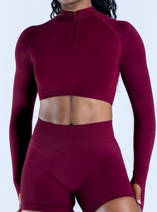 Set da 2 Pezzi per Donna: <span class=keywords><strong>Top</strong></span> Corto con Zip a <span class=keywords><strong>Maniche</strong></span> <span class=keywords><strong>Lunghe</strong></span> e Pantaloncini Sportivi, Completo da Yoga, Palestra e Fitness - Product Image 3