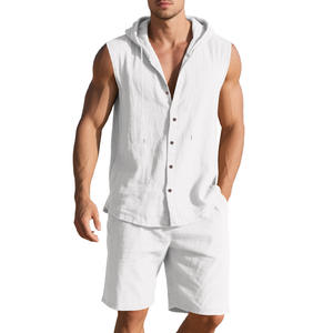 Conjunto de camisa sin mangas con capucha y pantalones cortos de lino para hombre, conjunto informal de dos piezas de ajuste holgado para uso de ocio - Product Image 3