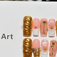 Ongles artificiels en amande faits à la main, sculptés en 3D, couvrants, avec colle, 10 pièces, rose doré floral