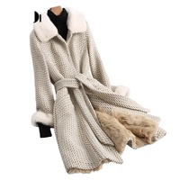 A68247 Damen Langer Fischgrätmuster Wollmantel Nerzpelzkragen Lammfellfutter Winddichte Winter Warme Fleecejacke
