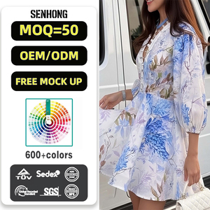Vestido Mini <span class=keywords><strong>de</strong></span> Mujer Elegante, Estilo Juvenil Dulce, Cuello en V, Botones al <span class=keywords><strong>Frente</strong></span>, Manga 3/4, Estampado Floral, Línea A, Venta al Por Mayor Personalizada - Product Image 2