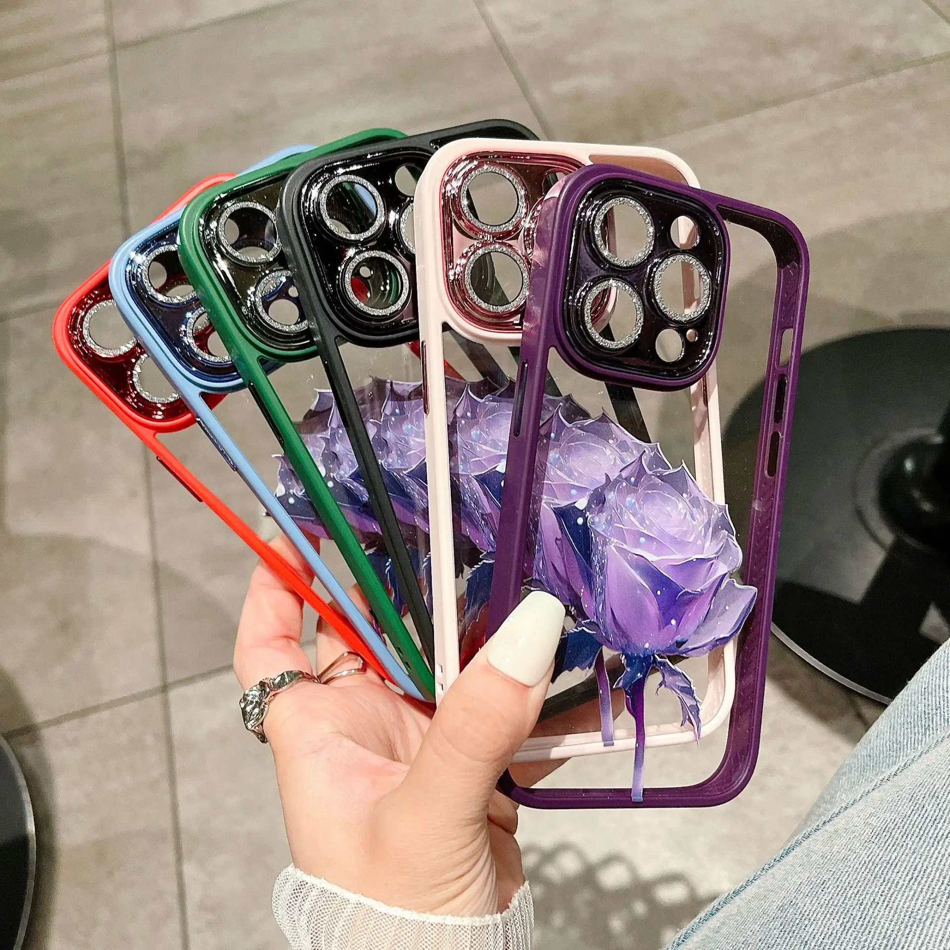 Custodia per cellulare Flash Diamond Crystal Purple Rose per iPhone 11 12 13 14 Pro max custodia trasparente per la protezione dello schermo dell'obiettivo della fotocamera