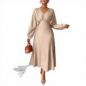 Robe longue élégante à col en V et manches bouffantes, couleur unie, coupe trapèze, tricotée, pour le bureau, avec logo frontal, manches longues, robe professionnelle d'été - Product Image 2