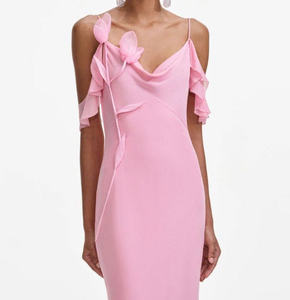 Vestido de Noche de Sirena de Satén Rosa, Fabricante Vietnamita, Tirantes Espagueti, Volantes, OEM, ODM, Venta al por Mayor 2025 - Product Image 6