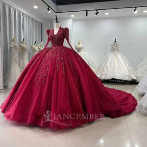XS204 Luxury <b>Red</b> V-Neck <b>Sequined</b> Ball Gown Party Evening Gowns Dresses - Product Image 3