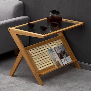 Xingrong Nordic Minimalist Rattan Side <b>Table</b> With Glass Top And Storage Shelf For Living Room Or Bedroom - Product Image 1
