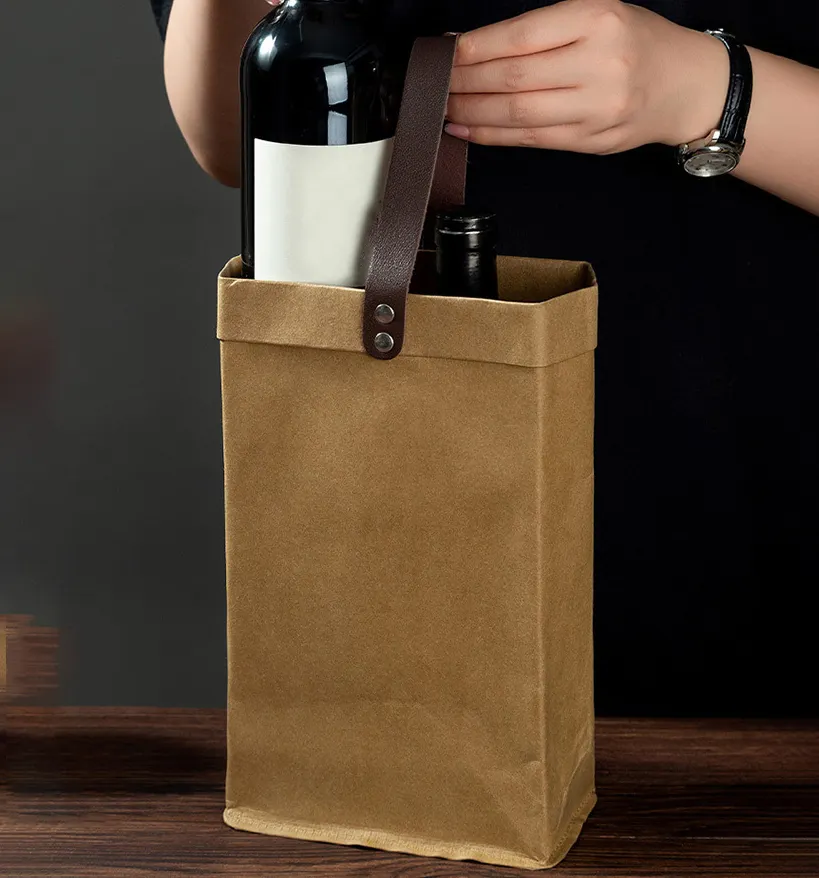 Фабричная Высококачественная коричневая Складная моющаяся крафт-бутылка для вина, бумажный пакет для винных бутылок