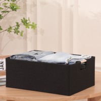 Boîte de rangement pliable en tissu noir avec poignées en bois, bac de rangement pliable en lin pour la maison, le placard et les étagères