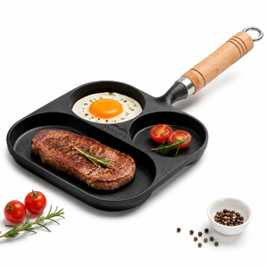 Poêle à frire en fonte à 3 compartiments pour petit-déjeuner, œufs et steaks, pré-culottée, avec manche en bois, ustensile de cuisson, vente en gros OEM - Product Image 1