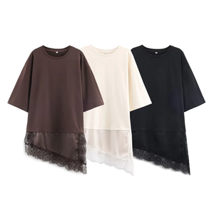 Nuova Moda 2026: T-shirt da <span class=keywords><strong>Donna</strong></span> Slim Fit con Collo Tondo, Maniche Corte e Dettagli Asimmetrici in <span class=keywords><strong>Pizzo</strong></span> e Canapa - Product Image 1