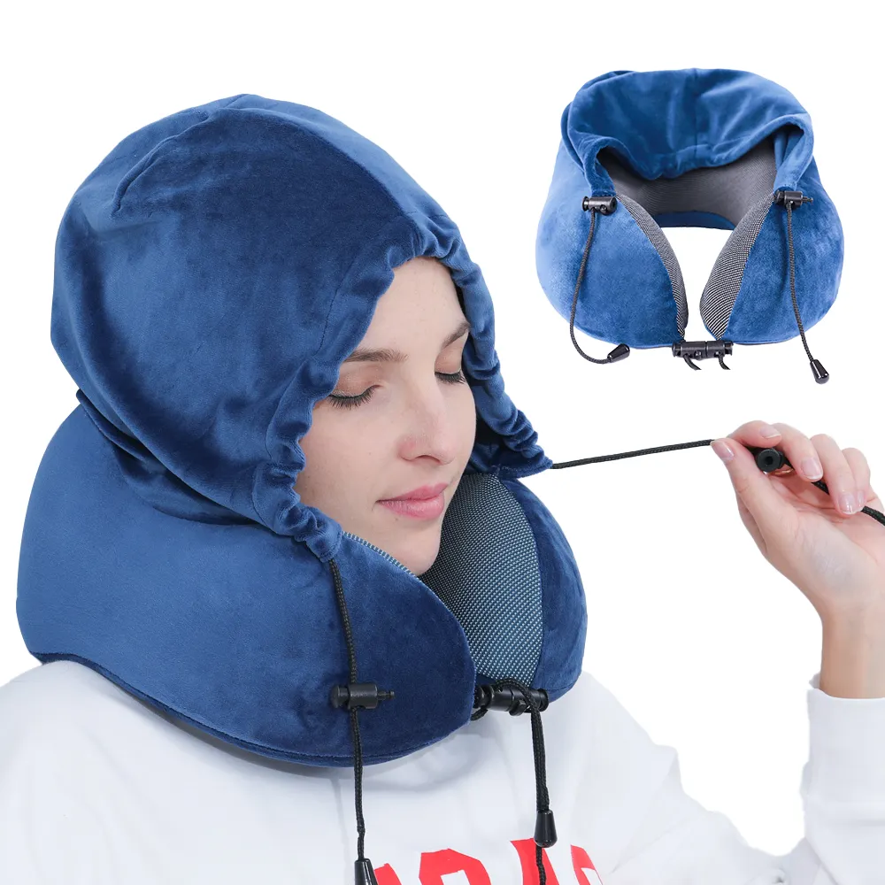 Factory Direct Sales Airline Neck Pillow U Shape Memory Foam Neck Pillow with Hoodie Storage Bag Portable Travel Neck Pillow