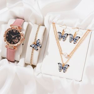 Relógio de pulseira de colar para mulheres, conjunto de joias de borboleta com 4 peças de luxo, novo design, presente para presente