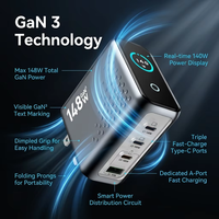 Chargeur GaN 148W PD 3.1, chargeur mural rapide avec affichage numérique de la puissance, adaptateur de bureau USB C 3 ports pour MacBook Pro 16 pouces