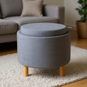 Pouf de rangement rond en tissu avec couvercle, gris, mobilier moderne pour salon, tabouret de maison - Product Image 2