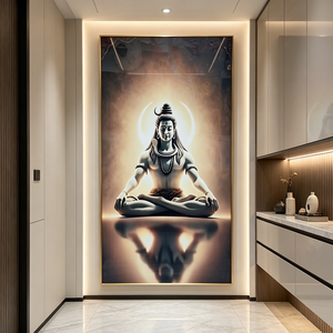 Tableau mural encadré en gros avec paillettes, Tête de Bouddha dorée, Nuage turquoise, Zen, Religieux, Impression HD, Peinture sur porcelaine cristalline, Décoration LED pour la maison - Product Image 4