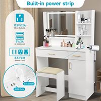 Ensemble de coiffeuse moderne à écran large avec miroir LED, tabouret, panneau de maquillage, prise de courant, 2 tiroirs, 6 étagères, éclairage intégré, assemblé