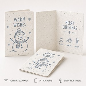 Carte de vœux A6 en forme de bonhomme de neige à planter, avec écharpe et boule de neige, motif dessin animé mignon, vente en gros - Product Image 1