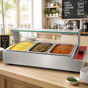 Bain-marie électrique professionnel 3, 4 ou 5 bacs en acier inoxydable avec couvercle en verre pour la restauration hôtelière - Product Image 1