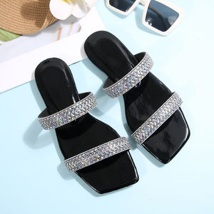 Sandales plates à lanières brillantes en strass pour femmes, confortables, grande taille, à bout carré ouvert, type claquettes - Product Image 5