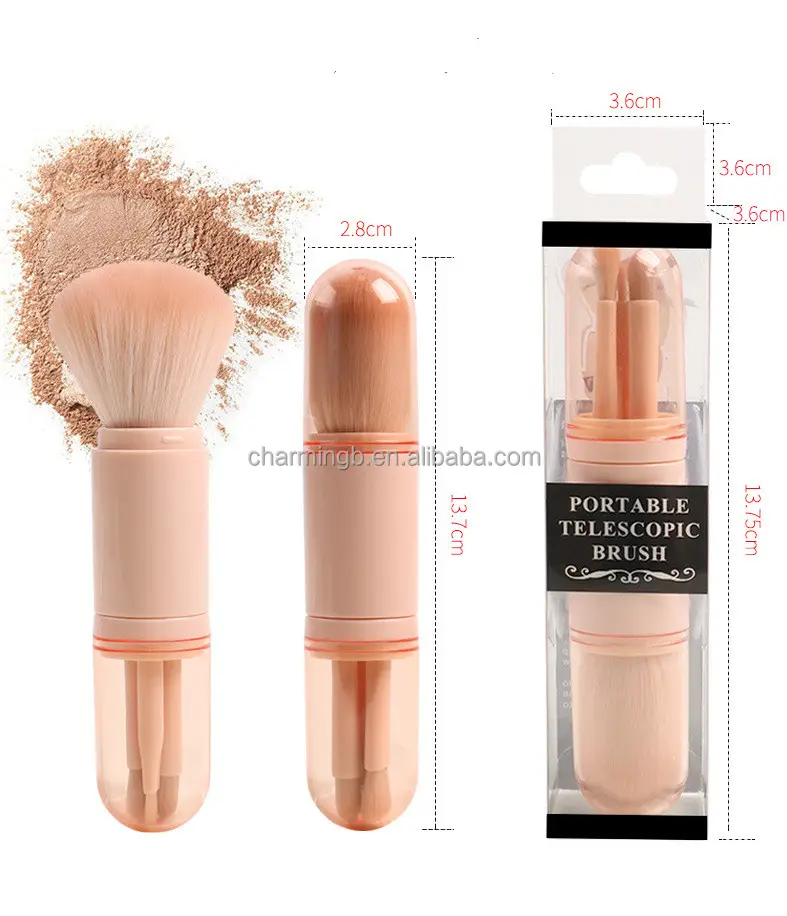 Essential 4 in 1 mini retractab pink kabuki makeup brush Loose Powder Brush Synthetic travel portable Makeup Brush set