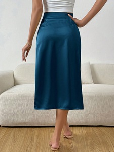 Mode femmes été Satin jupe nouveau plissé fente conception décontracté taille haute Midi séchage rapide en gros - Product Image 5