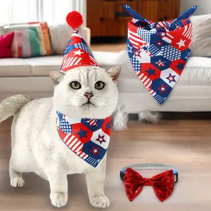 New American Flag Three-Piece Pet Apparel Accessories Cat Dog Triangle Towel Sequin Bow Tie Cat Hat Dress-Up Set