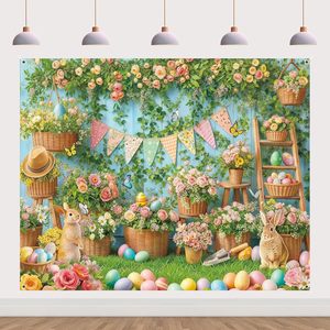Fondo de Pared para Primavera y Pascua, con Diseño Floral de Jardín, <span class=keywords><strong>Huevos</strong></span> de Conejo, Madera Azul, Plantas Verdes y Flores - Product Image 1