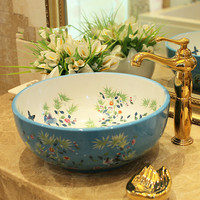 Lavabo Hecho a Mano por Proveedor Chino, Lavabo Redondo de Cerámica con Diseño de Flores y Pájaros, Lavabo Decorativo Colorido para Baño en Venta