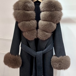 New Autumn Cashmere <b>Wool</b> Blends Women Natural Removable Fox Fur Collar Lace up Loose Double-sided Woolen Fleece Jacket with Belt - Product Image 5