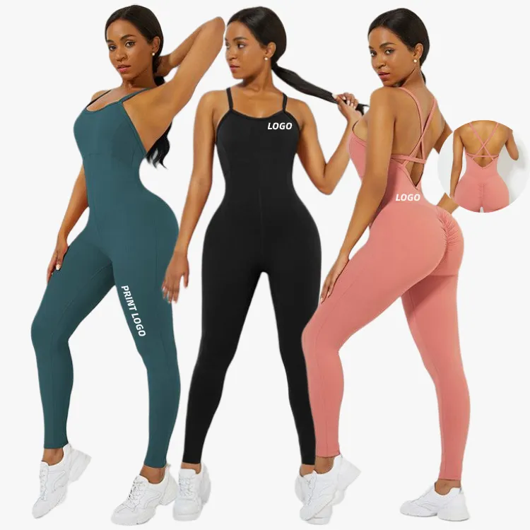 Custom Logo Strappy Back Scrunch Butt Yoga Sets Fitness Clothing Women Jumpsuit Activewear