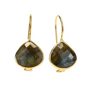 New Arrival 925 Sterling Silver Women's Solid 12mm Checker Cut Natural Labradorite <b>Gold</b> Plated Water Drop Dangle <b>Earrings</b> - Product Image 1
