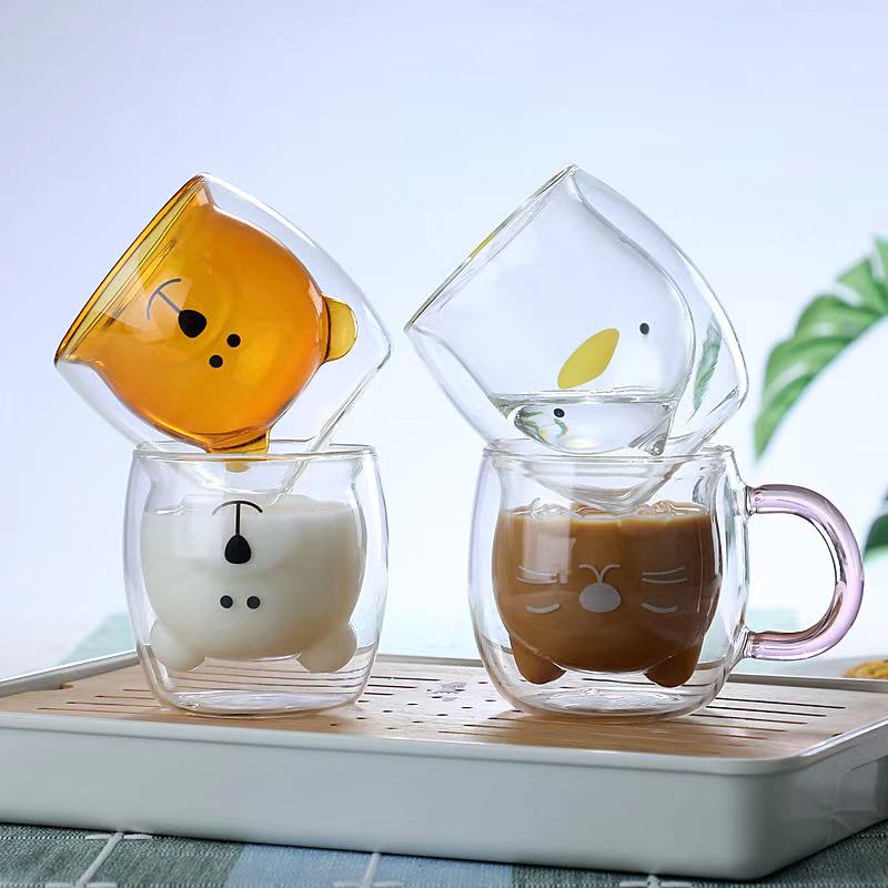 Wholesale Colored Borosilicate Coffee Tea Water Bear Double Wall Glass Cup