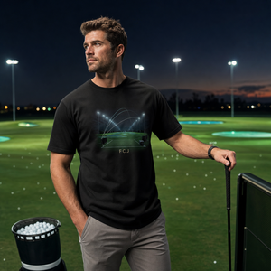 T-shirt da golf da <span class=keywords><strong>uomo</strong></span> OEM ODM Night Range Lights in jersey di cotone 240G con grafica luminosa per campi da golf, ideale per marchi di driving range - Product Image 1