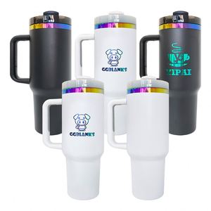 Gobelet de voyage isotherme sous vide noir et blanc avec revêtement en poudre holographique arc-en-ciel 40 oz - Product Image 2