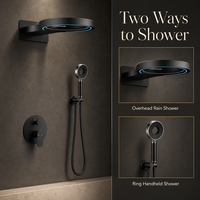 Ensemble de douche mural encastré de luxe en laiton noir mat avec LED, fonction pluie, barre coulissante pour douchette à main et idéal pour projets hôteliers