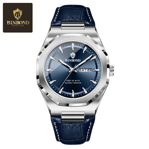 Binbond Men's Quartz Watch Blue Dial Leather Strap Calendar Week Display Waterproof Analog 30M 11mm - Product Image 5