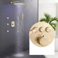 Or brossé montage mural thermostatique hôtel utilisation salle de bain pluie LED système de douche robinets combo ensembles bouton vanne Massage Jet Spray
