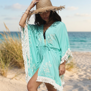 Vestido de una pieza para mujer, estilo bohemio, con encaje bordado, cuello en V, manga larga, corte regular, mini, ecológico, para verano, para la playa o resort - Product Image 3