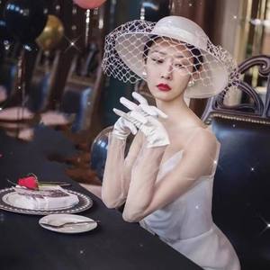 Nouveau rétro femmes blanc bowknot protection UV église seau chapeaux de soleil Kentucky Derby dames <span class=keywords><strong>chapeau</strong></span> de <span class=keywords><strong>mariage</strong></span> pour la mariée avec voile en maille - Product Image 5