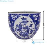 RXCS11-B Jarre en porcelaine chinoise bleue et blanche motif prune glacée avec fenêtre ouverte, motif de curiosités antiques