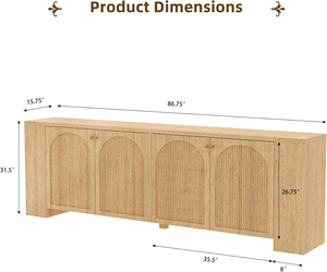 Mid Modern Eco-Friendly Fluted Flat Panel 4-Door Extra Long Buffet Sideboard <b>Cabinet</b> for Dining Room Kitchen Entry Large <b>Storage</b> - Product Image 3
