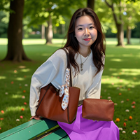 Sac fourre-tout décoré d'un foulard en soie, grande capacité, sac à bandoulière, ensemble de 2 pièces avec trousse de maquillage pour femmes