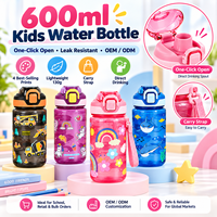Bouteille d'eau pour enfants de 600 ml avec couvercle rabattable, anti-fuite, bouteille d'eau scolaire, design de dessin animé, fournisseur en gros OEM ODM