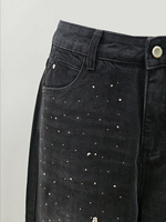 Pantalon en jean évasé taille haute noir pour femme, jean à jambes larges avec motif pailleté scintillant