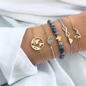 Boho Love Coconut Tree Tortoise Turtle Coin Moon Arrow Stone Beads Bangle For Women Heart Map Ocean Chain Bracelet Set Jewelry