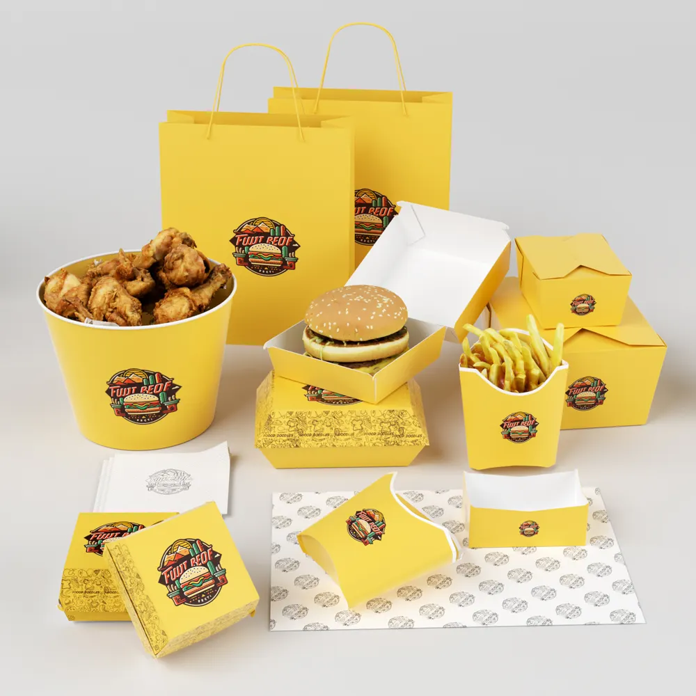 LOKYO Kunden spezifisch bedruckte Fast-Food-Verpackungs boxen Set-Serie zum Mitnehmen Pommes-Frites-Hühnerflügel-Burger-Box